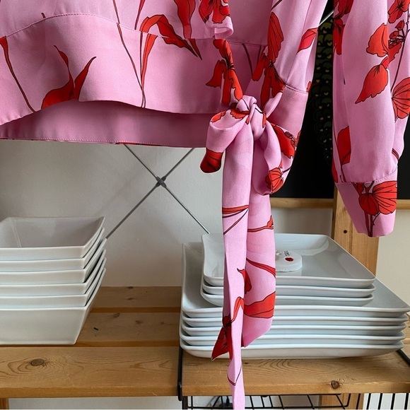 Parker Pink Red Floral Print Silk Blend Pasha Ruffle Wrap Blouse - Picture 8 of 16